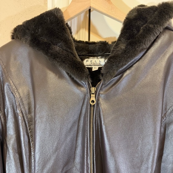 Pelle Thick Leather Jacket Faux Fur Belted with Hood Full Zip Women’s XL Brown - Picture 3 of 16